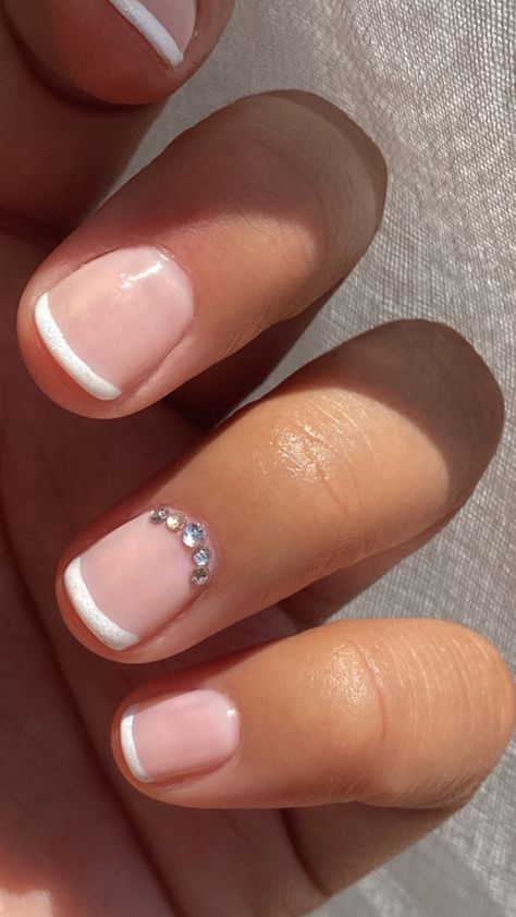 Trending French Tip Nails Short, Short French Manicure With Rhinestones, Very Short Tips Nails, Short Natural Nails No Acrylic, Gel Natural Nails Ideas Short, White French Nails Ideas Short, Very Short Squoval Nails, French On Natural Short Nails, Short French Tip Acrylic Nails With Accent Nail