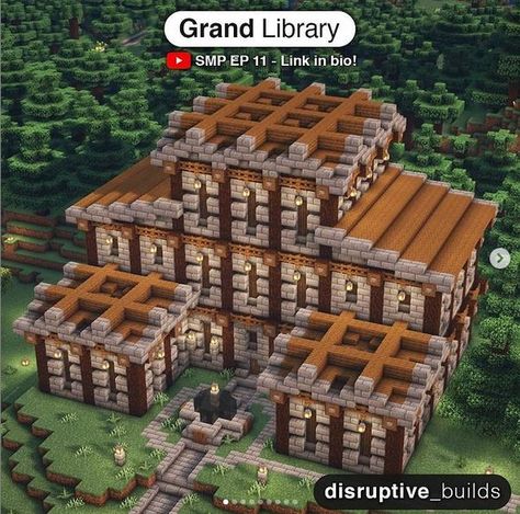 Minecraft Library Build Exterior, Disruptive Builds, Minecraft Library Design, Minecraft Library Ideas, Minecraft Library, Minecraft Building Designs, Wooden Library, Grand Library, Minecraft Kingdom