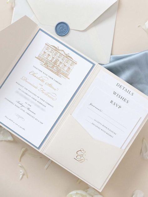 Your Venue taking centre stage with this Beautiful Gold Foiled Venue Suite in Classic Envelope Fold Pocket you can hold multiple cards for your guests, featuring your monogram in gold foil and on bespoke wax seals, this bespoke commission was made in Dusty Blue and Champagne. Other colours available for bespoke orders ( samples only in our sage green ) The sample commissioned here for Botleys Mantion, however we would work with you on your wedding venue and commission all aspects bespoke to you Venue Invitation, Wedding Venue Illustration, Ribbon Invitation, Cricut Wedding Invitations, Baby Blue Weddings, Venue Illustration, Blue Champagne, Bespoke Wedding Invitations, Pocket Invitation