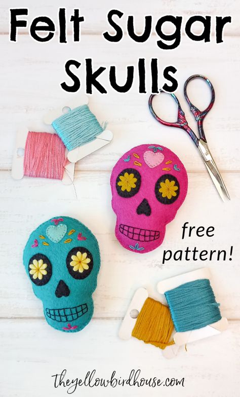 Free Halloween Felt Patterns, Felt Skull Pattern, Sugar Skull Template Free Printable, Halloween Felt Ornaments Patterns Free, Free Halloween Patterns, Felt Jewelry Diy, Diy Day Of The Dead Decorations, Mexican Folk Art Decor Diy, Diy Dia De Los Muertos Decorations Ideas