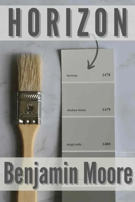 Benjamin Moore Horizon is a pale gray color with subtle blue undertones. Explore BM OC-53 undertones, color pairings, + see it in 17 homes! #paint #benjaminmoore #paintcolor #paintstudy #paintreview #wallcolor #home #homedecor #homedecorating Benjamin Moore Horizon Oc-53, Horizon Benjamin Moore Living Room, Bm Horizon Paint, Horizon Gray Benjamin Moore, Stone Harbor Benjamin Moore, Benjamin Moore Horizon Gray, Horizon Benjamin Moore, Harbor Gray Benjamin Moore, Benjamin Moore Horizon