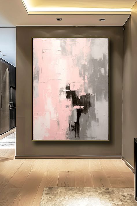 Original handmade abstract painting with pink, grey, and black brushstrokes on canvas, textured palette knife technique Grey Abstract Art, Painting Inspo, Pink Tone, Black Accents, Abstract Acrylic, Phone Screen, White Painting, Sophisticated Look, Abstract Art Painting