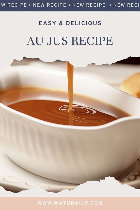 Au Jus, meaning "with juice" in French, is a classic beef dipping sauce known for its savory and meaty flavor. This simple yet flavorful sauce enhances the taste of roast beef, prime rib, and other beef dishes, making it a staple in French-inspired cuisine. Feel free to customize the seasoning and adjust the wine quantity to match your preferences. Enjoy the classic taste of Au jus with your favorite beef roast or steak. #au jus Roast Beef Aju Sauce Recipe, Au Juice Recipe, Au Juice Recipe Beef, Beef Dripping Sauce, Sauce For Beef Roast, French Dip Au Jus Recipes, Au Jus Recipe Easy With Drippings, Brisket Au Jus Recipe, Aus Jus Recipe