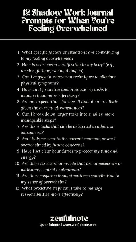 Feeling overwhelmed is a common experience, and it's important to approach it with self-compassion and constructive reflection. These questions are designed to guide self-reflection and help you navigate moments of overwhelm. It's important to be kind to yourself and take proactive steps to address the underlying factors contributing to your feelings of overwhelm. Journal Prompts For Rejection, Journal Prompts For Processing Emotions, Shadow Work Journal Prompts Self Worth, Journal Prompts To Release Emotions, External Validation Journal Prompts, Therapeutic Journaling, Journal Healing, Work Journal Prompts, Shadow Work Journal Prompts