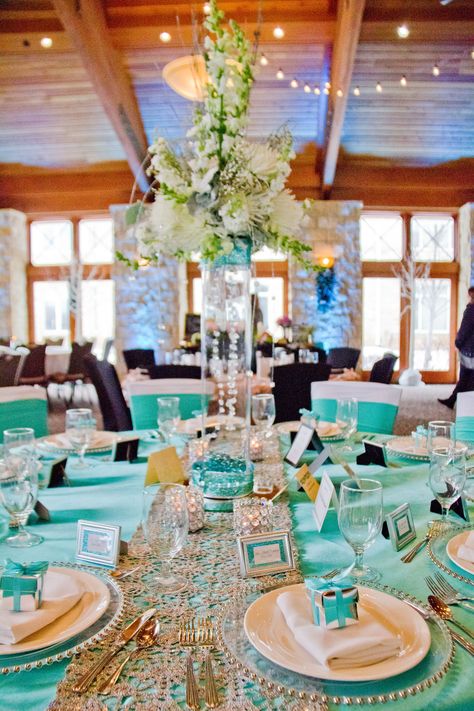 Tiffany Blue Satin Overlay, Silver Chemical Lace Table Runner with Glass Silver Beaded Chargers and White Centerpiece with Hanging Crystal Tiffany Blue Silver And White Wedding, Tiffany Blue And Gold Wedding, Robin Egg Blue Wedding, Teal Centerpieces, Tiffany Themed Bridal Shower, Blue Wedding Receptions, Silver Wedding Decorations, Tiffany Green, White Table Settings