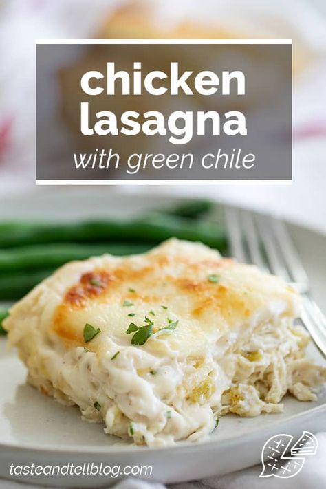 Super creamy and a little bit spicy, this Chicken Lasagna with Green Chile and Cheese is comfort food at its best! Noodles are layered with a cheesy chicken and green chile filling and topped with an easy homemade alfredo. #recipe #lasagna #chickenrecipe #greenchile Easy Homemade Alfredo, Best Noodles, Taste And Tell, Chicken Lasagna, Baked Dinner, Homemade Alfredo, Cheese Tasting, Green Chili, No Calorie Foods