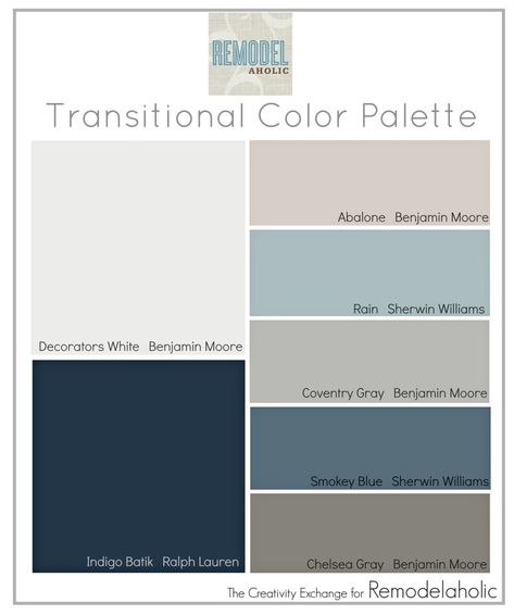 Palette of paint colors that are great for mixing warm and cool tones. Remodelaholic Benjamin Moore Palette Color Combinations, Montana Interior, Transitional Paint Colors, Color Palette Paint, Transitional Color Palette, Paint Combos, Decorators White Benjamin Moore, Dream Condo, Coventry Gray