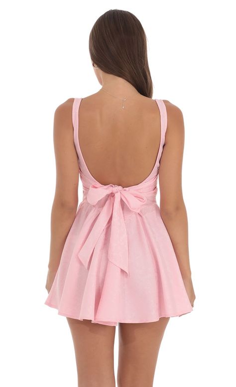 Jacquard Open Back Bow Dress in Pink | LUCY IN THE SKY Love Shack Fancy Dresses, Bow Dresses Women, Simple Short Dress, Short Dress With Bow, Light Pink Dress Short, Winter Formal Dresses Short, Back Bow Dress, Light Pink Mini Dress, Cotillion Dresses