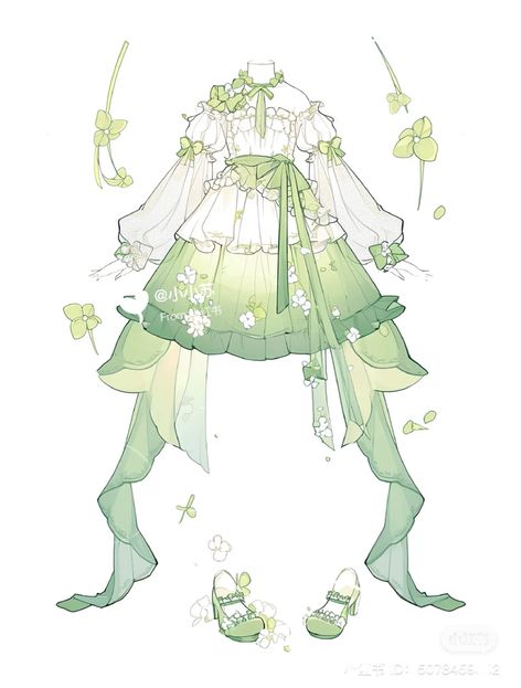 Green Outfit Design Drawing, Mythical Outfits Drawing, Cute Fantasy Outfits Drawing, Green Dress Drawing, Dress Reference Drawing, Creepy Cute Fashion, Nature Outfits, Vestidos Anime, Concept Art Tutorial