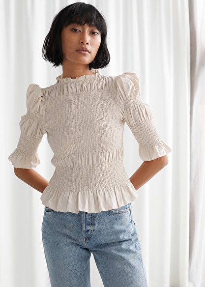 Fitted Smocked Ruffle Top - White - Tops - & Other Stories Cheap Summer Outfits, Cheap Summer Dresses, Plain White T Shirt, Smock Blouse, Slip Skirts, Tennis Skirts, Spice Girls, Fashion Story, Ruffle Top