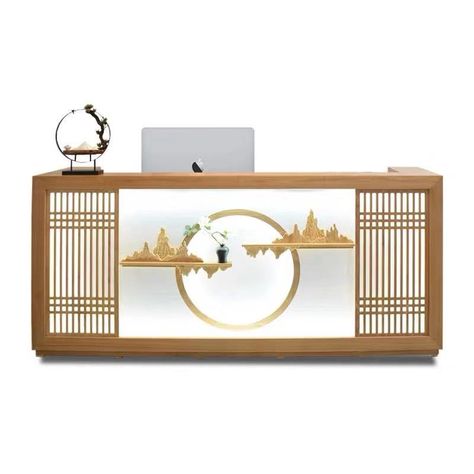 Chinese style vintage reception counter, cashier counter, office counter #retailproject #projectmanagement #shopfurniture Traditional Reception Desk, Chinese Style Interior Design, Chinese Hotel, Counter Office, Cashier Counter, Vintage Reception, Chinese Style Interior, Stationary Shop, Reception Counter