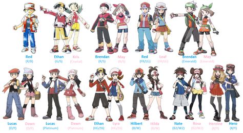 Pokemon Trainers through the years. Pokemon Main Characters, Pokemon Trainer Costume, Pokemon Trainer Cosplay, Pokemon Avatar, Adorable Pokemon, Pokemon Trainer Outfits, Pokémon Ships, Pokemon Variations, Pokemon X And Y