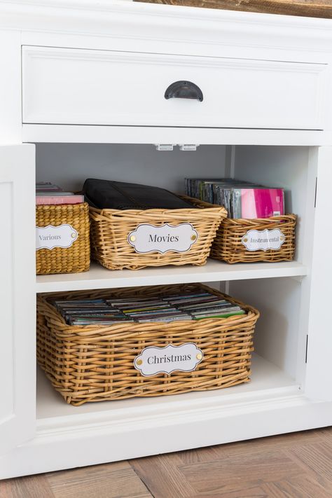 Looking for ways to affordably organize smaller items in your home in cabinets using decorative storage bins, boxes and baskets. Don't settle for style-less plastic bins and boxes when you can tweak handled baskets found for a dime at the thrift shop into really cheap decorative storage baskets to help you organize your home in style... and no DIY skills are needed. #homeorganizing #homestorage #homestoragesolutions #storageorganizers #decoratingwithbaskets #DIYDecor #FreePrintablelabels Basket Storage Ideas, Labels For Organizing, Book Basket, Basket Labels, Decorative Storage Bins, Baskets For Shelves, Thrift Store Decor, Store Basket, Affordable Storage