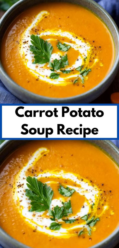 Looking for dinner ideas? Try this Carrot Potato Soup Recipe! It’s a healthy and easy option among soup recipes, blending carrots and potatoes for a satisfying meal. Perfect for simple dinner ideas. Soup Carrots Potatoes, Potato And Carrot Soup Recipes, Carrot Puree Soup, Potato Carrot Soup Recipe, Carrot Jalapeno Soup, Leftover Carrot Recipes, Carrot And Potato Recipes, Carrot Soup Recipes Easy, Potato And Carrot Recipes