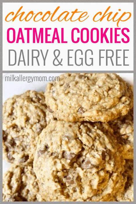 Dairy Free Nut Free Recipes, Oatmeal Chocolate Cookies, Egg Free Cookies Recipes, Dairy Free Cookie Recipe, Milk Allergy Mom, Oat Chocolate Chip Cookies, Nut Free Cookies, Nut Free Desserts, Egg Free Desserts