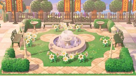 Animal Crossing Water Fountain Ideas, Acnh Park Fountain Ideas, Fountain Ideas Animal Crossing, Animal Crossing Short Entrance Ideas, Animal Crossing Courtyard Ideas, Animal Crossing Square Ideas, Acnh Townhall Idea, Animal Crossing Main Plaza, Animal Crossing Center Ideas