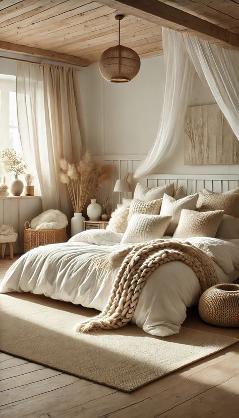 Light Beige Room Ideas, Calm Earthy Aesthetic, Neutral Tones Bedroom Cozy, Cozy Organic Bedroom, White And Natural Wood Bedroom, White Boho Room, Aesthetic Beige Room, Earthy Bedroom Bohemian, Windowless Bedroom Ideas