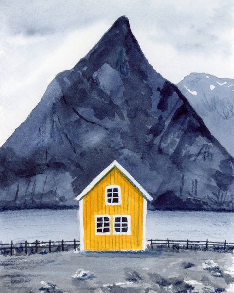 Norwegian Landscape Art Print Wall Art Giclee Poster - Etsy Norwegian Illustration, Nordic Landscape, Northern Norway, Watercolor Buildings, Nordic Painting, Norway House, Norway Landscape, Norwegian House, Danish House