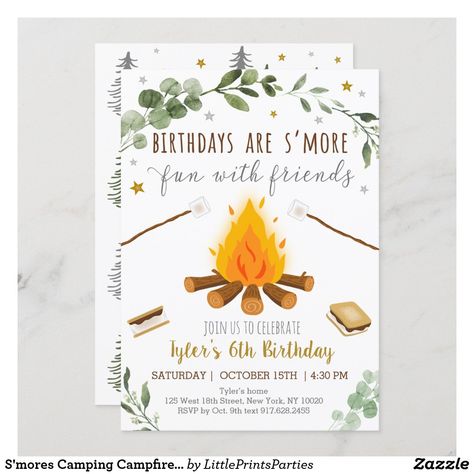 S'mores Camping Campfire Bonfire Birthday Invitation Bonfire Birthday, Smores Party, Campfire Party, Camping Birthday Party, Pumpkin Birthday, Fun Invitations, Camping Birthday, Camping Party, S'mores