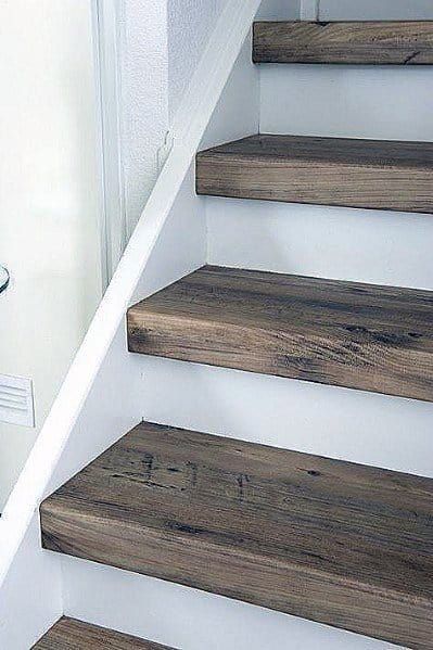 Top 70 Best Painted Stairs Ideas - Staircase Designs | Painted stairs, Diy stairs, Rustic stairs Rustic Basement Stairs, Stair Step Design Idea, Wood Top Stairs, Rustic Stairs Ideas, How To Redo Stairs, Stairs Painted Ideas, Diy Stairs Makeover Cheap, Stairwell Remodel, Kitchen Steps