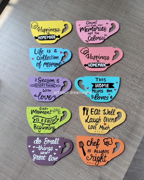 Fridge Decoration Ideas Diy, Fridge Magnets Quotes, Mdf Fridge Magnets Diy, Tea Coasters Diy Ideas, Mdf Crafts Handmade Home Decor, Fridge Decoration Ideas, Kitchen Decor Printables, Fridge Magnets Diy, Diy Fridge Magnets