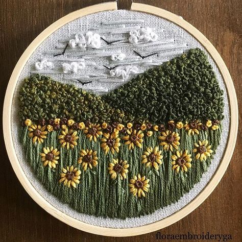 Flora Embroidery by Rachel в Instagram: «Sunflower field 🌻» Field Embroidery, Embroidered Photographs, Embroidery Floss Crafts, Modern Wedding Bouquets, Crazy Quilts Patterns, Embroidery Hoop Crafts, French Knot Embroidery, Ig Profile, Crewel Embroidery Kits