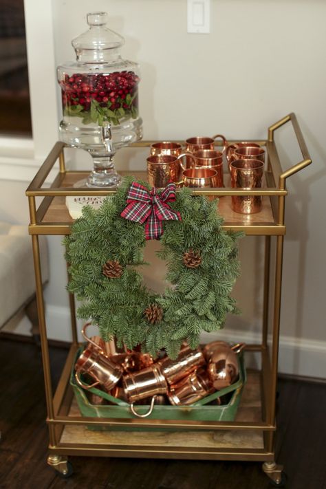 Holiday Favorite Things Party, Christmas Bar Cart, Holiday Bar Cart, Beverage Cart, Holiday Bar, Favorite Things Party, Waffle Bar, Gold Bar Cart, Bar Cart Styling