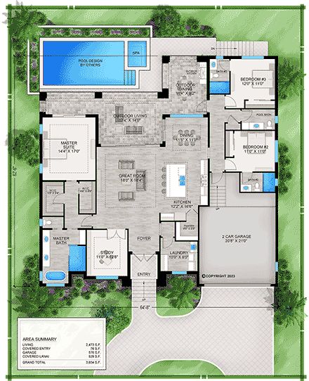 House Plan 77507 - Florida Style with 2473 Sq Ft, 3 Bed, 3 Bath, Small Florida House Plans, Coastal Floor Plans, Transitional Homes, Retirement House Plans, Modern Bungalow House Design, Florida House Plans, Ultra Modern Homes, Floor Plans Ranch, Coastal House Plans