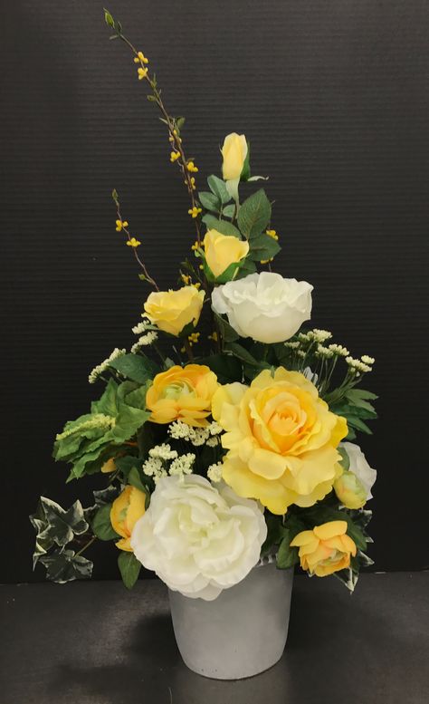 Yellow and White Remembrance 2017 by Andrea White And Yellow Floral Arrangements, All Yellow Flower Arrangement, Yellow And White Arrangement, Yellow Rose Floral Arrangements, Lily Arrangement, Yellow And White Casket Spray, Sympathy Arrangements, White Flower Arrangements, Spring Arrangements