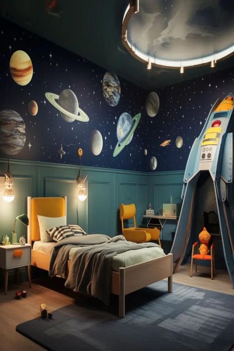 Space themed toddler boy bedroom with rocket and planet decorations Toddler Space Room, Boys Space Room, Kids Bedroom Space, Boys Space Bedroom, Boy Room Themes, Space Kids Room, Boys Bedroom Themes, Toddler Boy Room Decor, Boy Toddler Bedroom