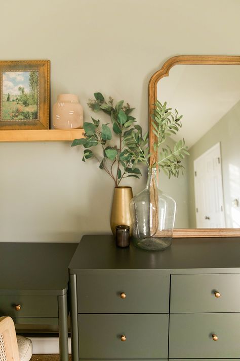 Olive Green Small Dresser, Olive Green Room Paint, Olive Green Home Accents, Olive Furniture Bedroom, Plymouth Green Stoffer Home, Olive Green Wood Furniture, Army Green Decor, Olive Green Gold Bedroom, Olive Green Entry Table