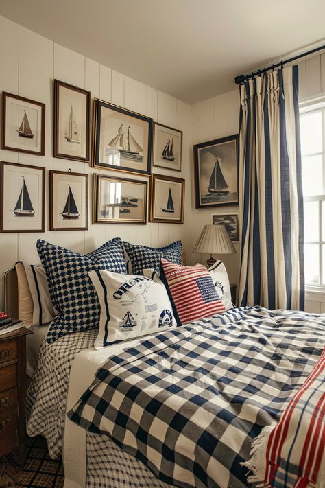 Preppy Bedroom Perfection: Timeless Ideas - Quiet Minimal Sailing Bedroom Ideas, Blue Lake House Bedroom, Cozy Guest Room Decor, Nautical Guest Room, Little Boy Rooms Ideas, Vintage Coastal Decor Bedroom, Vintage Costal Bedroom, Lake Cabin Bedroom Ideas, Summery Room Ideas