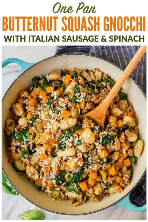 One Skillet Butternut Squash Gnocchi with Italian Sausage and Spinach. Healthy, EASY recipe that cooks in just one pan! You save time on dishes and the garlic butter sauce is to-die-for! One of our family’s favorite meals. #wellplated #gnocchi #butternutsquash #easy #healthy Gnocchi With Italian Sausage, Butternut Squash Gnocchi, Squash Gnocchi, Healthy Easy Recipe, Sausage And Spinach, Spinach Healthy, Healthy Butternut Squash, One Skillet, Butternut Squash Recipes