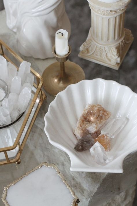 Parisian Coffee Table, Crystal Room Decor, Sarah Grace, Coffee Table Accessories, Chic Candles, Crystal Room, Parisian Aesthetic, Crystal Aesthetic, Meditation Room