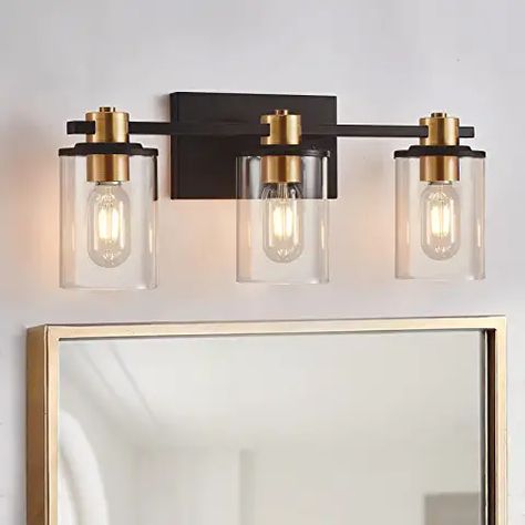 Half Bath Light Fixture, Gold Hardware Bathroom, Mixed Metals Bathroom, Bathroom Lights Above Mirror, Brass And Black Bathroom, Above Mirror Bathroom Lighting, Vanity Lighting Over Mirror, Gold Bathroom Fixtures, 3 Light Bathroom Vanity Light