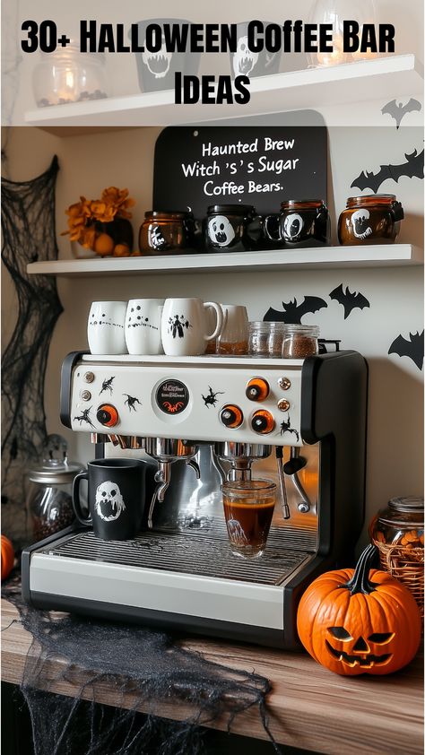 A spooky Halloween coffee bar featuring ghost mugs, skull-themed decor, a black and white color scheme, small pumpkins, and cobweb details, creating an eerie yet organized setup for daily coffee brewing. Halloween Coffee Bar, Coffee Bar Ideas, Coffee Nook, Pumpkin Coffee, Small Pumpkins, Halloween Coffee, Pumpkin Theme, Themed Decor, Spooky Decor