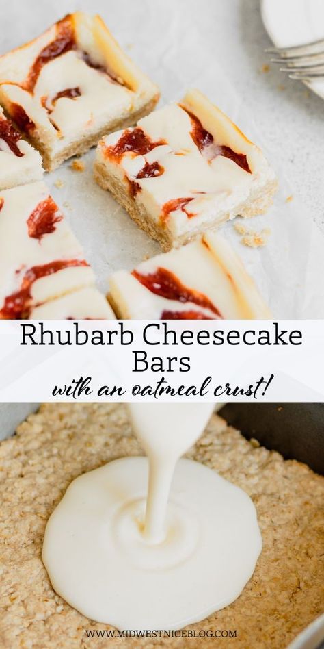 Cream Cheese Rhubarb Recipes, Rhubarb Cheesecake Bars Recipes, Rhubarb Cheesecake Dream Bars, Oat Crust Cheesecake, No Bake Rhubarb Cheesecake, Gf Rhubarb Recipes, Rhubarb Cheesecake Recipes, Rhubarb Cream Cheese Bars, Rhubarb Cheesecake Squares