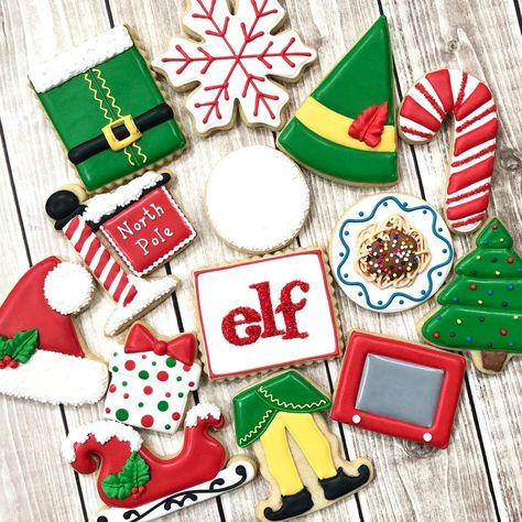 Krissy’s Cookies on Instagram: “What’s your favorite day-after-thanksgiving tradition? Mine is watching the movie Elf 🧝🎅🏻❄️⛄️ Do you have an all-time favorite Christmas mo…” Elf Christmas Cookies Decorated, Elf Movie Cookies Decorated, Buddy Elf Cookies, Buddy The Elf Cookies Decorated, Christmas Movie Cookies Decorated, Elf On Shelf Cookies Decorated, Elf Sugar Cookies Decorated, Christmas Cookie Themes, Elf Movie Cookies