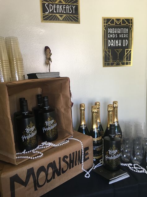 Kings of Prohibition Wine and Champagne from ... both from Trader Joe’s End Of Prohibition Party, Prohibition Party Decorations, Prohibition Decor, Prohibition Bar, Prohibition Party, End Of Prohibition, 30th Bday Party, Speakeasy Party, 20s Party