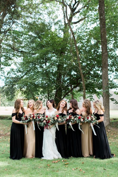 Gold And Black Dresses, Black And Gold Wedding, Green And Burgundy, Wedding Color Combos, Black Gold Wedding, Gold Wedding Dress, Red Blush, Gold Bridesmaid Dresses, Black Bridesmaids