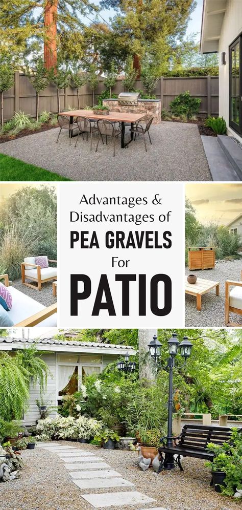 Advantages and disadvantages of pea gravels for patio 1 Pea Gravel Patio Diy Landscape Design, Patio Stones With Pea Gravel, Backyard Patio Gravel, Pea Gravel Small Backyard, Backyard Ideas With Gravel, Pebbled Patio Ideas, Small Gravel Patio, Back Garden Gravel Ideas, Diy Backyard Gravel Patio