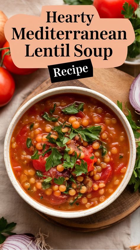 Hearty lentil soup in a bowl, garnished with parsley and surrounded by fresh tomatoes and onions. Cabbage Lentil Soup Recipe, Recipes With Brown Lentils, Mediterranean Lentil Soup Recipe, Lebanese Soup Recipes, Instant Pot Lentil Soup Recipes, Mediterranean Chilli, Mediterranean Bean Soup, Cooking With Lentils, Lintel Recipes