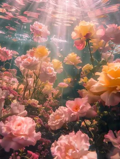 ↑↑↑ Larger size on website 🔸 A vibrant underwater garden, with delicate pink and yellow roses blooming in the sunlit water. The l 🔸 From Midjourney AI Image Flowers In Water Aesthetic, Flower In Water, Underwater Garden, Underwater Flowers, Wet Flowers, Water Aesthetic, Silhouette Painting, Wonders Of Nature, Shimmer Lights