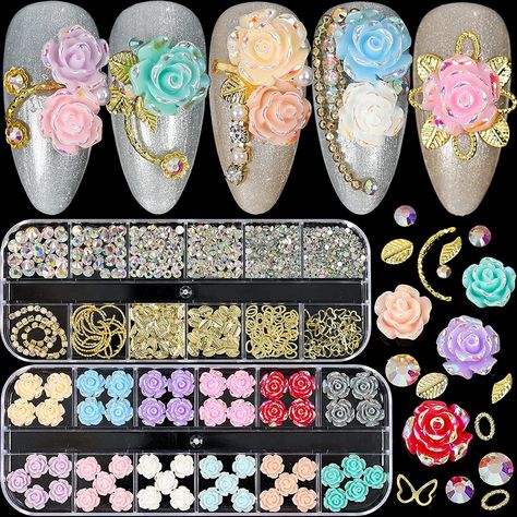 Nail Art Designs With Accessories, Nail Accessories Design, Flower Butterfly Nails, Nail Pearl, Metal Nail Art, Light Purple Nails, 3d Nail Charms, Planet Nails, Nail Polish Gift Set