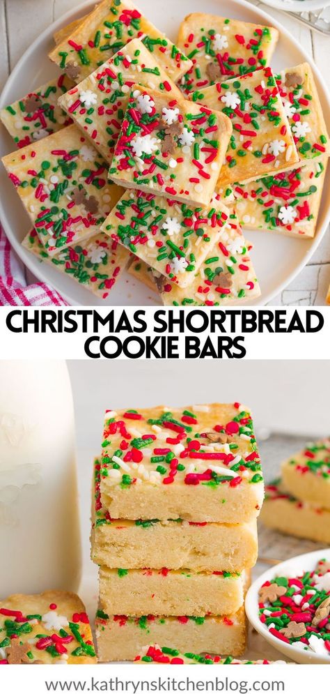 Buttery Shortbread Cookie Bars will be one of your favorite things to make this holiday season. This delicious and simple recipe is extra easy to make in one bowl with ingredients you most likely already have. These bars are extra buttery, flakey, and oh so tender! Shortbread Squares, Christmas Shortbread Cookie Bars, Shortbread Squares Christmas, Sheet Pan Christmas Cookies, Shortbread Cookie Bars, Shortbread Cookie Bars Recipes, Short Bread Cookie Recipe Christmas, Christmas Sugar Cookie Bars, Cherry Shortbread Cookies Christmas