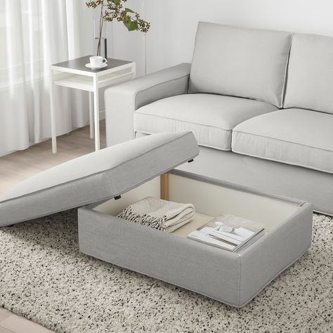 KIVIK Ottoman with storage, Orrsta light gray - IKEA Kivik Footstool, Footstool With Storage, Kivik Sofa, Ikea Kivik, Ottoman Storage, Storage Footstool, Seat Storage, Fabric Ottoman, Practical Storage