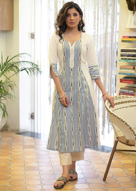 Kurti Designs Latest Fashion With Pant, Patchwork Kurti Designs, A Line Kurti Designs Latest Cotton, Ikat Dress Kurti, Ikat Kurti Designs, Strips Kurti Design, Stripes Kurti Designs Latest, Ikat Dresses, Plain Kurti Designs