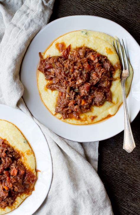 Wild Boar Ragu with Cheesey Polenta - The Gourmet Gourmand Wild Boar Ragu, Brown Butter Scallops, Boar Recipes, Wild Boar Recipes, Butter Scallops, Food Guilt, Fantasy Food, Game Recipes, Wild Game Recipes