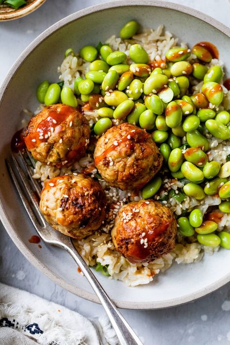 Rice And Edamame, Ground Turkey Meatball Recipes, Airfryer Dinner, Low Carb Turkey Meatballs, Ww 2023, Turkey Entrees, Shelled Edamame, Asian Turkey Meatballs, Asian Turkey