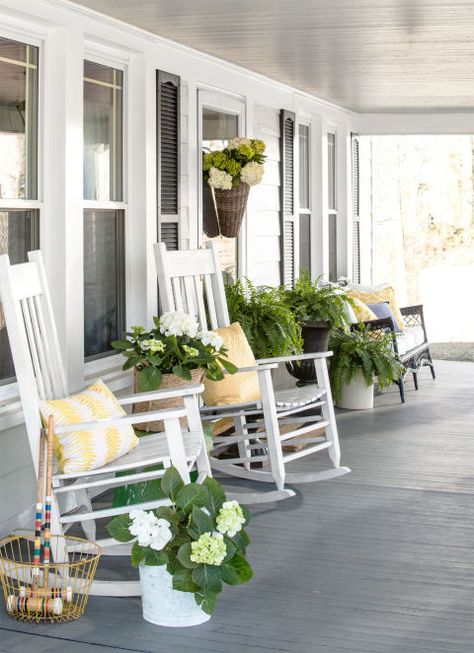 Really praying our retirement house will have a lovely porch to relax on. Love the gray floor and white furniture Farmhouse Front Porch Decorating, Farmhouse Front Porch Decor, Country Porches, White Rocking Chairs, Veranda Design, Farmhouse Porch Decor, Porch Design Ideas, Front Porch Design, Country Porch